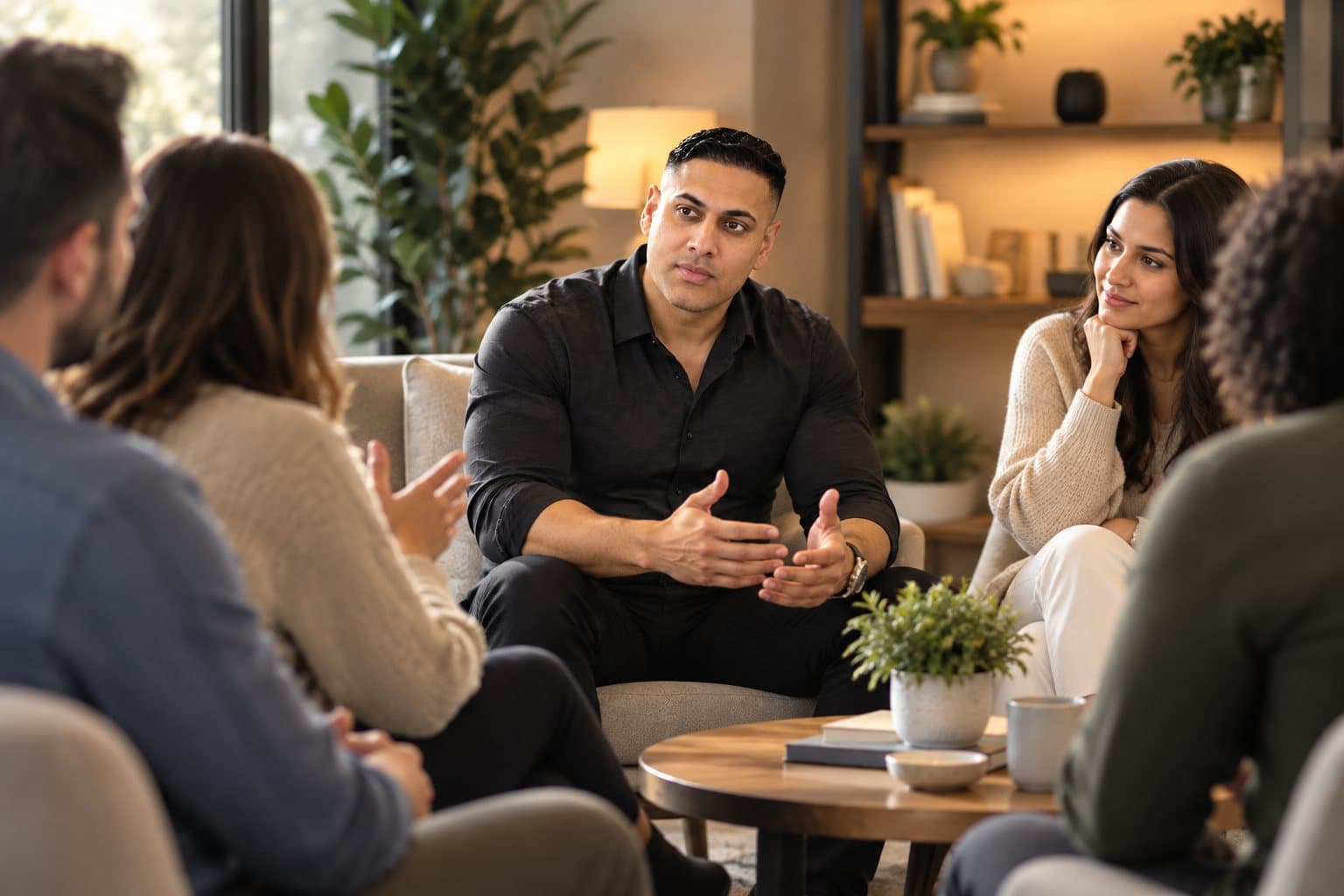 Jay in conversation, seated with a small group in a warm, plant-filled room